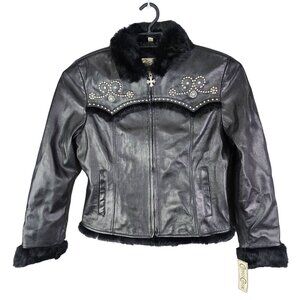 Womens Cripple Creek Studded Black Leather Jacket with Faux Fur Full Zip Size L